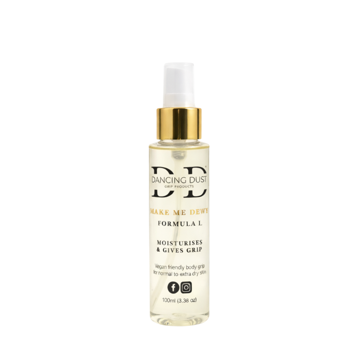 Bottle of 'Dancing Dust' grip product on a white background. Gold collar on spray top.