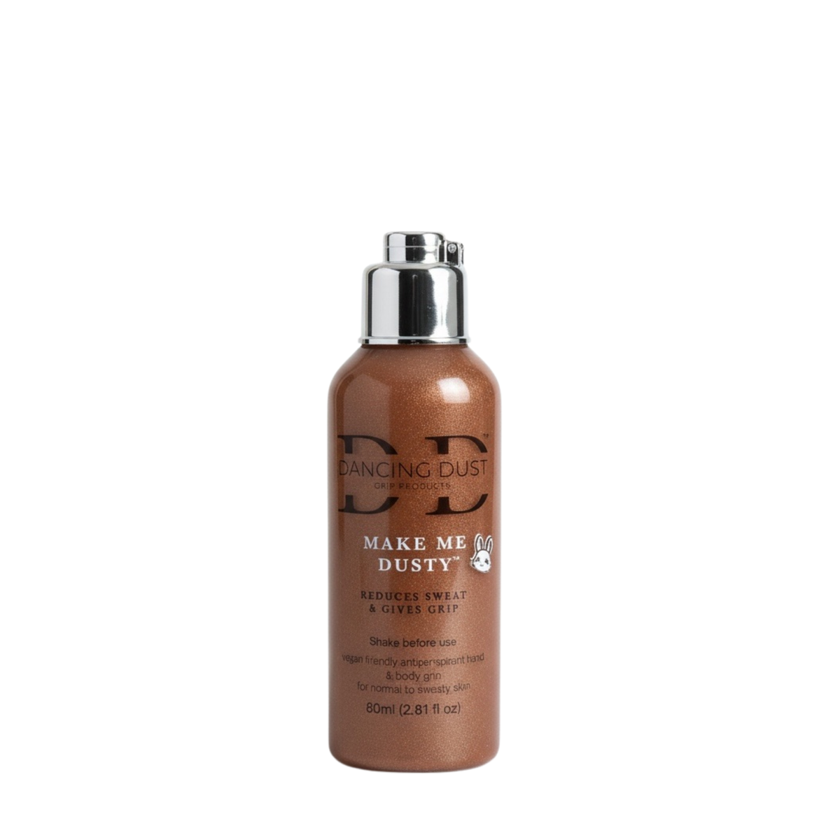 Bottle of 'Dancing Dust' grip product on a white background. Silver flip top