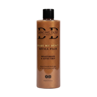 Bronze product in clear bottle labeled 'Make Me Dewy Refill Pack' with black cap on a white background