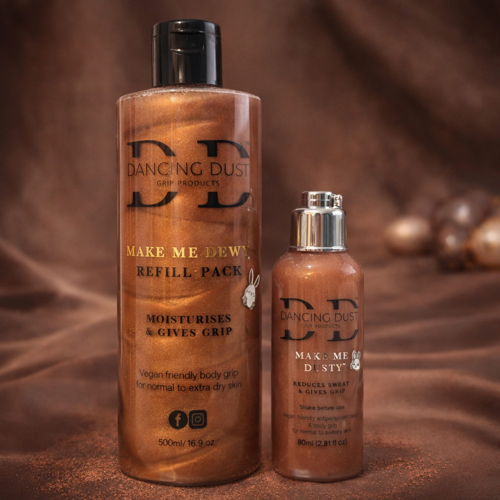Two bottles of 'Dancing Dust' grip products on a brown background