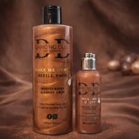Two bottles of 'Dancing Dust' grip products on a brown background