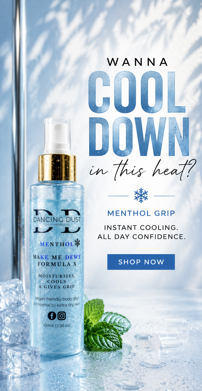A bottle of Dancing Dust Menthol Grip product shown on a cool, icy blue promotional background with text reading 'Wanna Cool Down in this heat?' and a blue 'Shop Now' button.